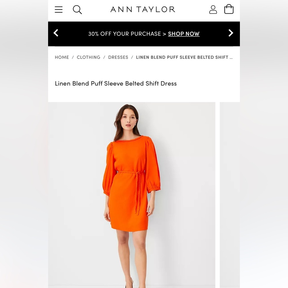 Ann Taylor Flame Azalea Orange Linen Blend Puff Sleeve Belted Shift Dress